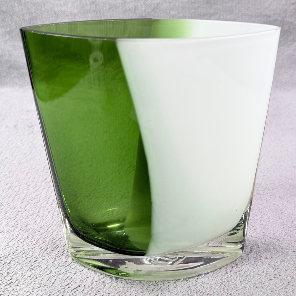 Unbranded Modernist Art Glass Vase Green White Cased Glass Boat Shape Home Decor